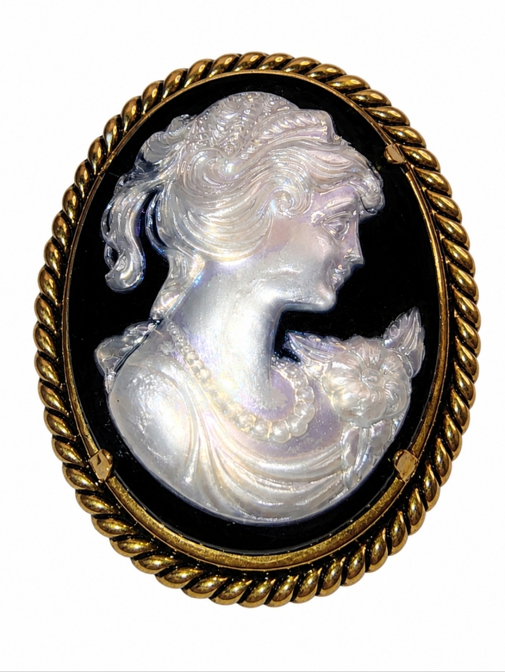 Vintage-Inspired Cameo Brooch – Iridescent Resin Gold Tone Frame